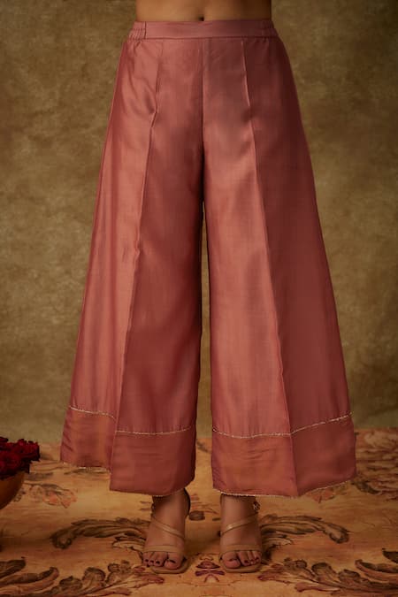 The Aarya_Pink Organza, Handloom Cotton, Chanderi Zardozi Leaf Kurta Palazzo Set _at_Aza_Fashions