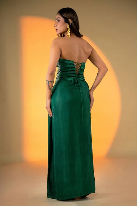 Shop Amrood Green Satin Embroidery Sweetheart Neck Florence Corset With Draped Slit Skirt at Aza Fashions Shop_Amrood_Green Satin Embroidery Sweetheart Neck Florence Corset With Draped Slit Skirt _at_Aza_Fashions