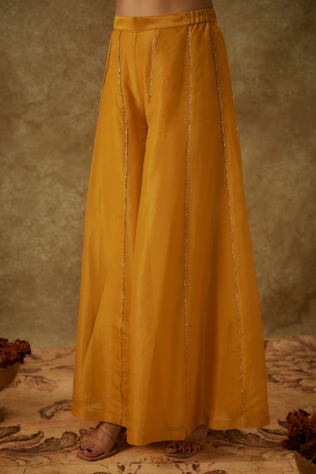 The Aarya_Yellow Organza, Handloom Cotton Embroidery Chanderi Handwoven Kurta Pant Set _at_Aza_Fashions