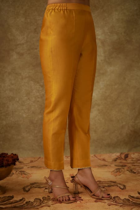 The Aarya_Yellow Organza, Handloom Cotton, Chanderi Handwoven Floral Kurta Pant Set _at_Aza_Fashions