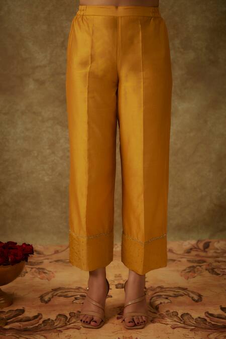 The Aarya_Yellow Handloom Cotton, Organza Embroidery Handwoven Chanderi Kurta Pant Set _at_Aza_Fashions