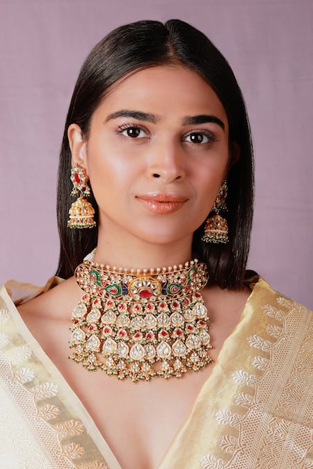 Riana Jewellery Pink Pearls, Diamonds Peacock Kundan Embellished Rajwadu Choker Set 