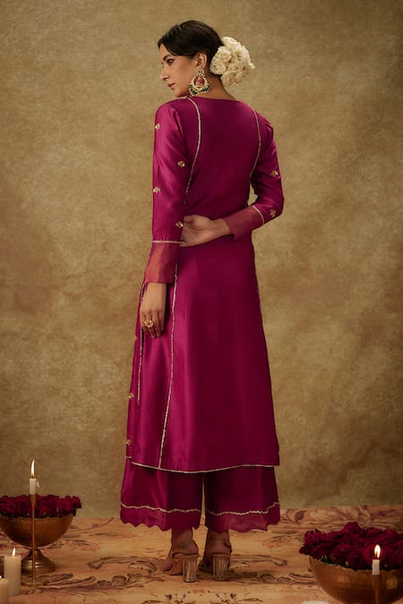 Shop_The Aarya_Purple Organza, Handloom Cotton, Chanderi Hand Woven A-line Kurta Pant Set _at_Aza_Fashions