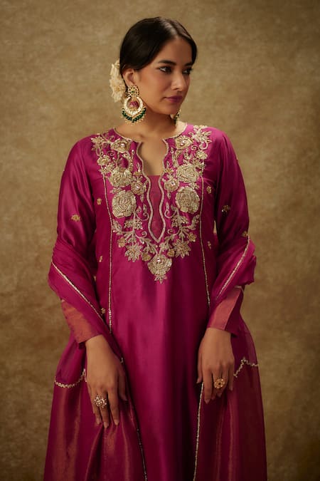 The Aarya_Purple Organza, Handloom Cotton, Chanderi Hand Woven A-line Kurta Pant Set _Online_at_Aza_Fashions