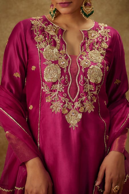 Buy_The Aarya_Purple Organza, Handloom Cotton, Chanderi Hand Woven A-line Kurta Pant Set _Online_at_Aza_Fashions