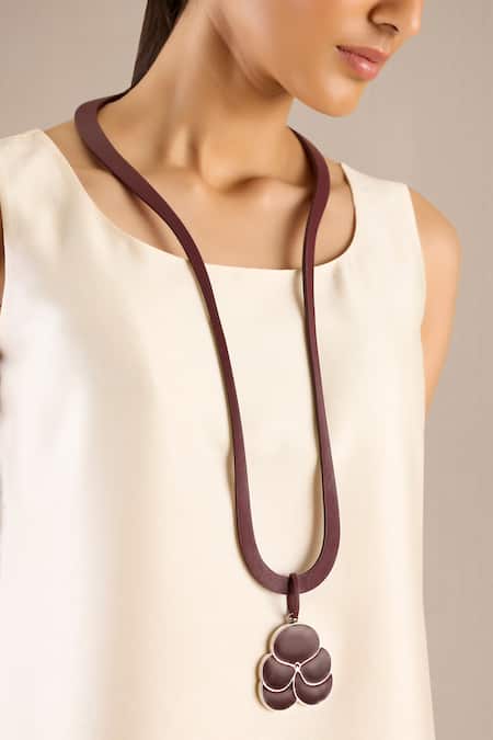 Ampm_Burgundy Nadira Leather Strap Pendant Necklace _Online_at_Aza_Fashions
