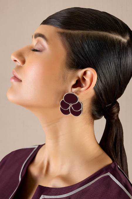 AMPM Burgundy Ismat Engraved Back Enameled Earrings 