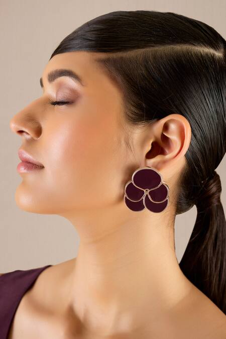 Ampm Burgundy Ismat Engraved Back Enameled Earrings Online at Aza Fashions Ampm_Burgundy Ismat Engraved Back Enameled Earrings _Online_at_Aza_Fashions