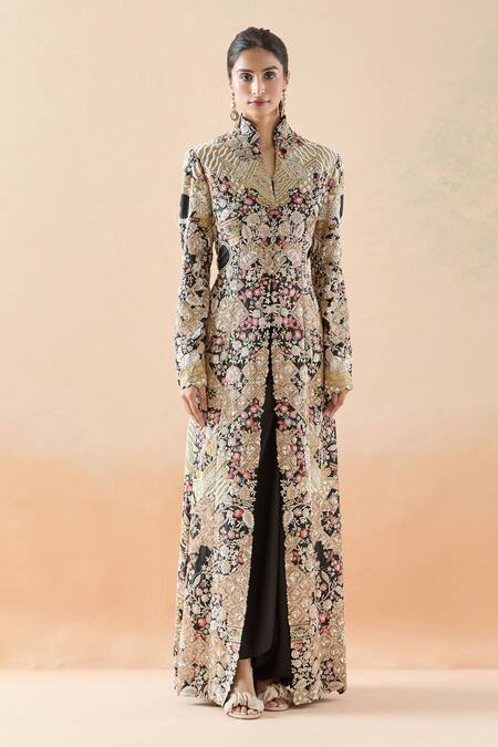 Anamika Khanna_Black Silk Zari, Beads, Sequins, Floral Hand Jacket And Draped Skirt Set_Online_at_Aza_Fashions