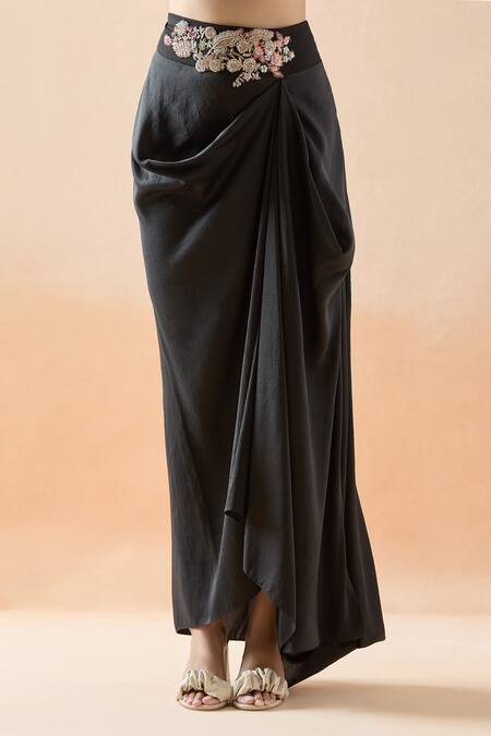 Buy_Anamika Khanna_Black Silk Zari, Beads, Sequins, Floral Hand Jacket And Draped Skirt Set_Online_at_Aza_Fashions