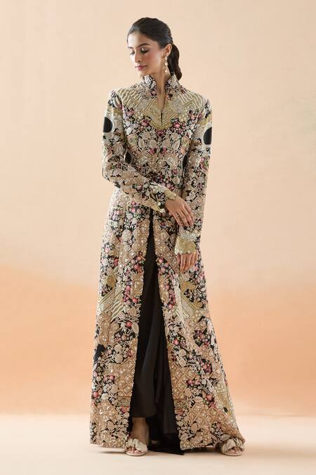 Shop_Anamika Khanna_Black Silk Zari, Beads, Sequins, Floral Hand Jacket And Draped Skirt Set_Online_at_Aza_Fashions