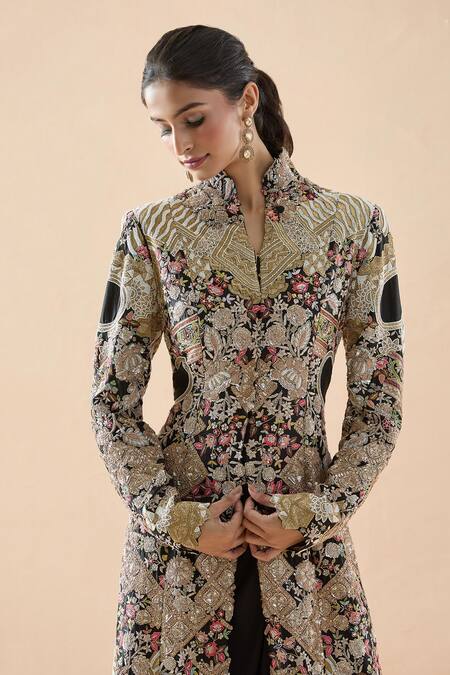 Anamika Khanna_Black Silk Zari, Beads, Sequins, Floral Hand Jacket And Draped Skirt Set_at_Aza_Fashions