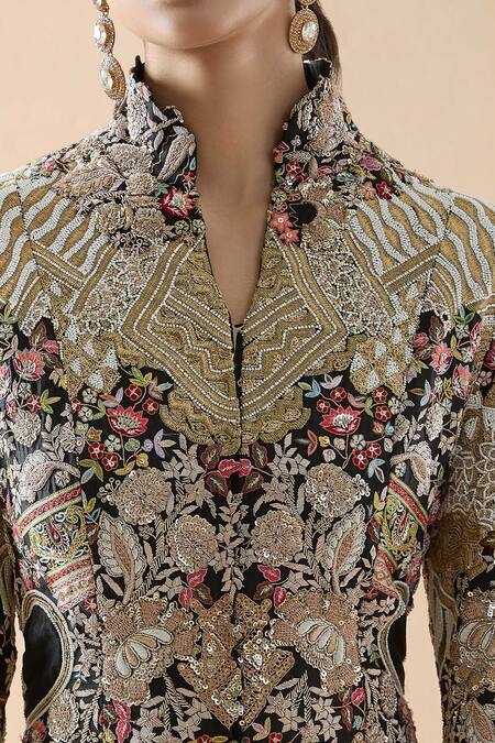 Buy_Anamika Khanna_Black Silk Zari, Beads, Sequins, Floral Hand Jacket And Draped Skirt Set
