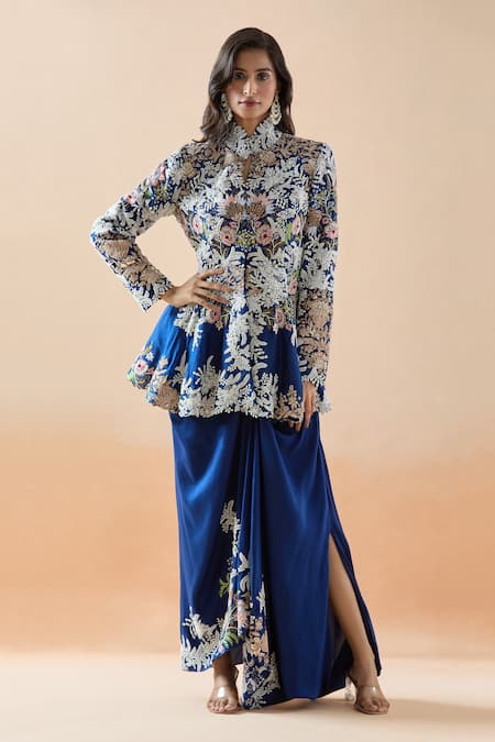 Anamika Khanna Floral Embroidered Jacket & Draped Skirt Set 