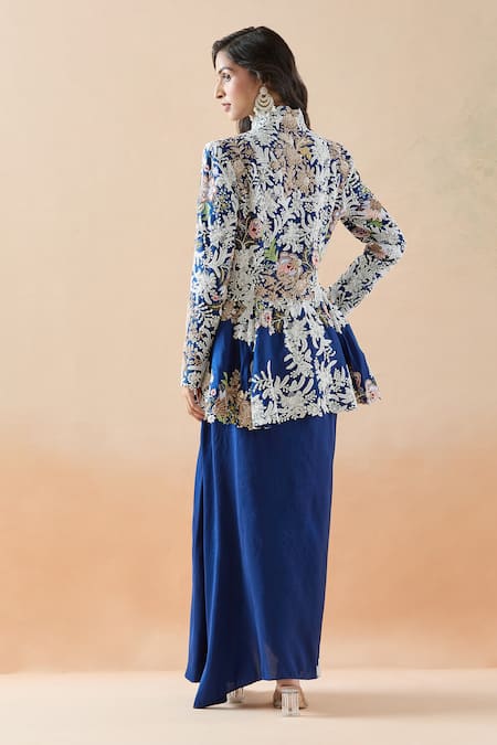 Shop_Anamika Khanna_Blue Silk Embroidery Mandarin Collar Floral Jacket And Draped Skirt Set_at_Aza_Fashions