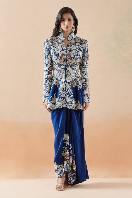 Anamika Khanna_Blue Silk Embroidery Mandarin Collar Floral Jacket And Draped Skirt Set_Online_at_Aza_Fashions