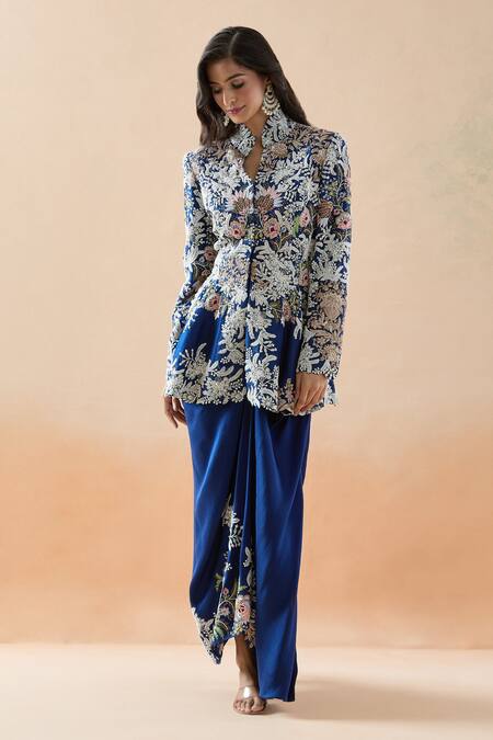 Buy_Anamika Khanna_Blue Silk Embroidery Mandarin Collar Floral Jacket And Draped Skirt Set_Online_at_Aza_Fashions