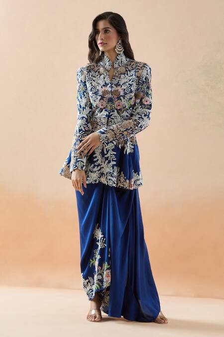 Shop_Anamika Khanna_Blue Silk Embroidery Mandarin Collar Floral Jacket And Draped Skirt Set_Online_at_Aza_Fashions
