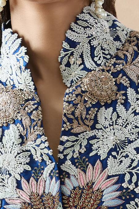 Anamika Khanna_Blue Silk Embroidery Mandarin Collar Floral Jacket And Draped Skirt Set_at_Aza_Fashions