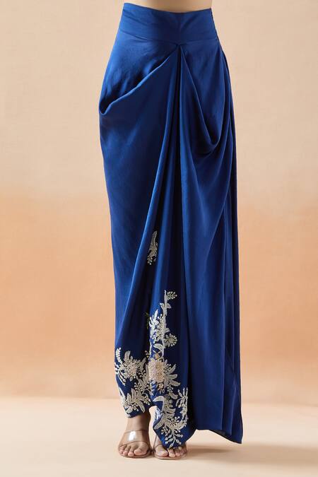 Buy_Anamika Khanna_Blue Silk Embroidery Mandarin Collar Floral Jacket And Draped Skirt Set