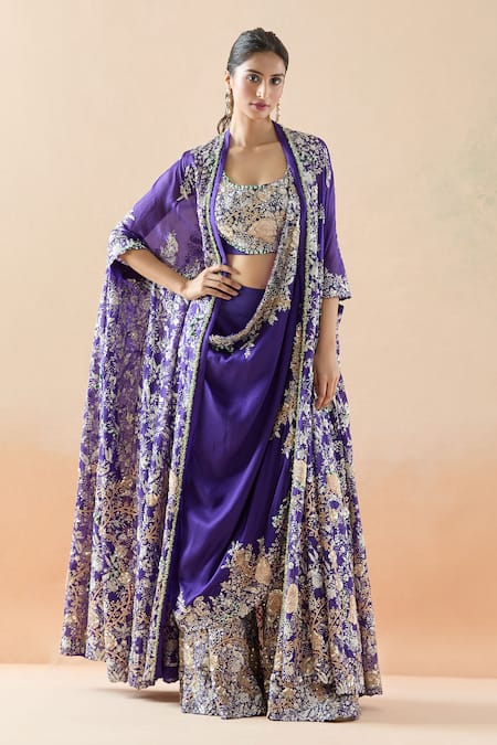 Anamika Khanna Floral Embroidered Sharara Saree Set With Jacket 