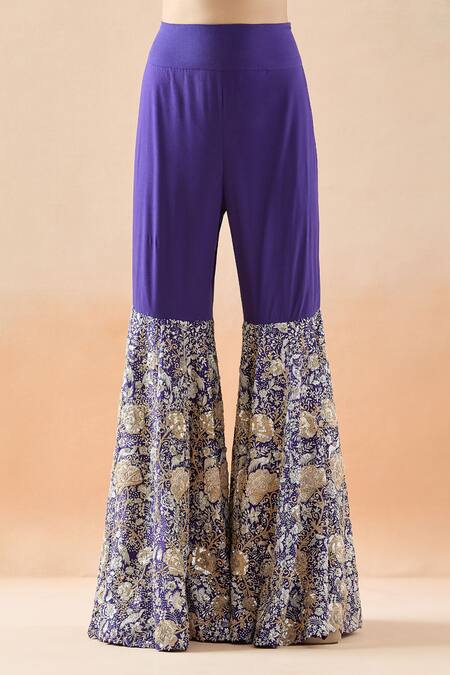 Anamika Khanna_Purple Chiffon, Cotton Beads, Sequins, Floral Sharara Saree Set With Jacket_Online_at_Aza_Fashions