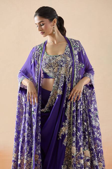 Buy_Anamika Khanna_Purple Chiffon, Cotton Beads, Sequins, Floral Sharara Saree Set With Jacket_Online_at_Aza_Fashions