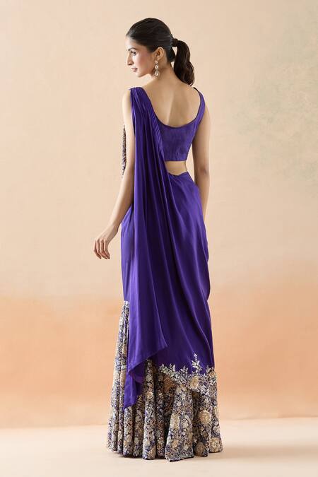 Shop_Anamika Khanna_Purple Chiffon, Cotton Beads, Sequins, Floral Sharara Saree Set With Jacket_Online_at_Aza_Fashions