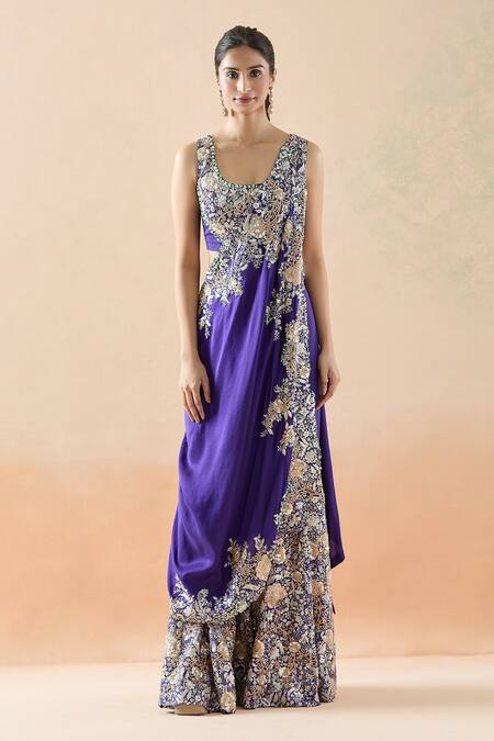 Anamika Khanna_Purple Chiffon, Cotton Beads, Sequins, Floral Sharara Saree Set With Jacket_at_Aza_Fashions