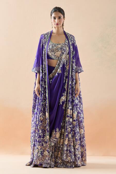 Buy_Anamika Khanna_Purple Chiffon, Cotton Beads, Sequins, Floral Sharara Saree Set With Jacket