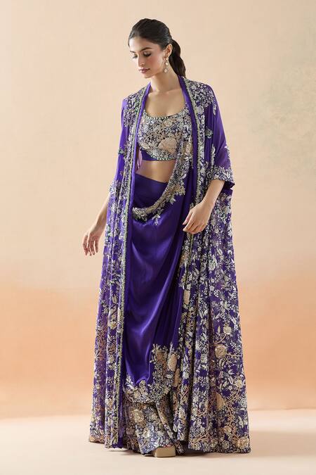 Shop_Anamika Khanna_Purple Chiffon, Cotton Beads, Sequins, Floral Sharara Saree Set With Jacket