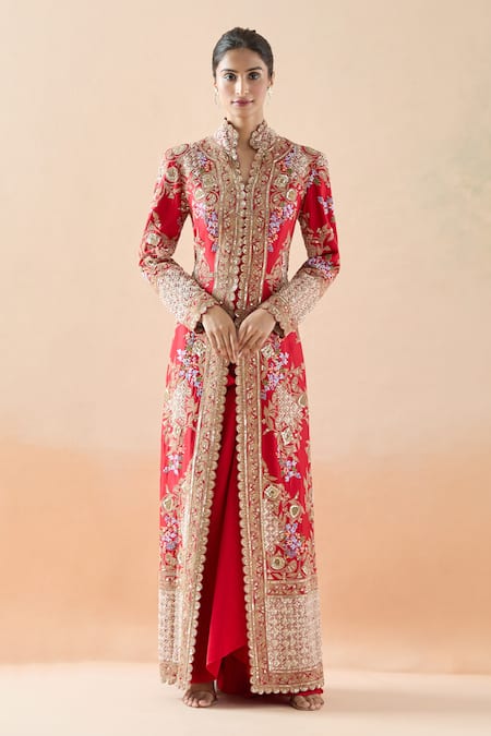 Anamika Khanna Red Embroidery Zari Stand Collar Sequin Long Jacket And Draped Skirt Set 