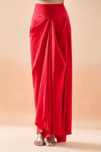 Anamika Khanna_Red Silk, Cotton Zari, Beads Sequin Embroidered Long Jacket And Draped Skirt Set _Online_at_Aza_Fashions
