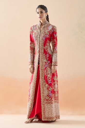 Buy_Anamika Khanna_Red Silk, Cotton Zari, Beads Sequin Embroidered Long Jacket And Draped Skirt Set _Online_at_Aza_Fashions