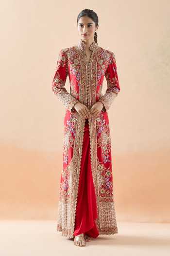 Shop_Anamika Khanna_Red Silk, Cotton Zari, Beads Sequin Embroidered Long Jacket And Draped Skirt Set _Online_at_Aza_Fashions