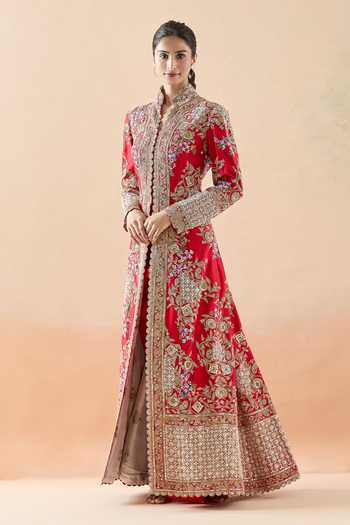 Anamika Khanna_Red Silk, Cotton Zari, Beads Sequin Embroidered Long Jacket And Draped Skirt Set _at_Aza_Fashions