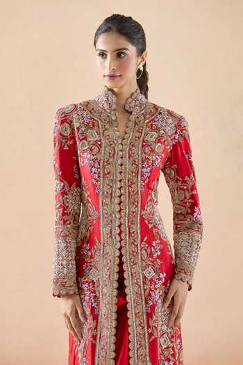 Buy_Anamika Khanna_Red Silk, Cotton Zari, Beads Sequin Embroidered Long Jacket And Draped Skirt Set 