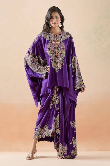 Anamika Khanna Purple Embroidery Paisley Round Cape Tunic And Draped Skirt Set 