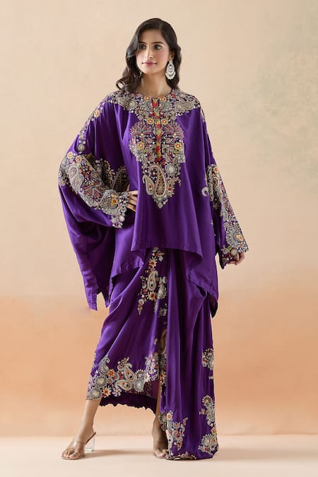 Anamika Khanna_Purple Embroidery Paisley Cape Tunic And Draped Skirt Set_Online_at_Aza_Fashions