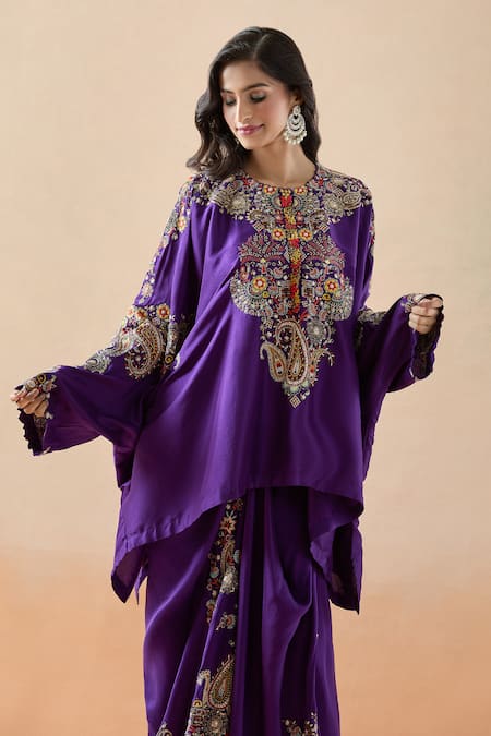 Buy_Anamika Khanna_Purple Embroidery Paisley Cape Tunic And Draped Skirt Set_Online_at_Aza_Fashions