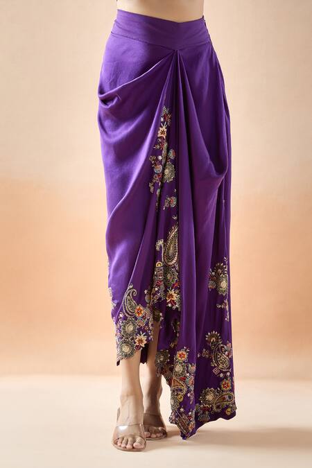 Shop_Anamika Khanna_Purple Embroidery Paisley Cape Tunic And Draped Skirt Set_Online_at_Aza_Fashions
