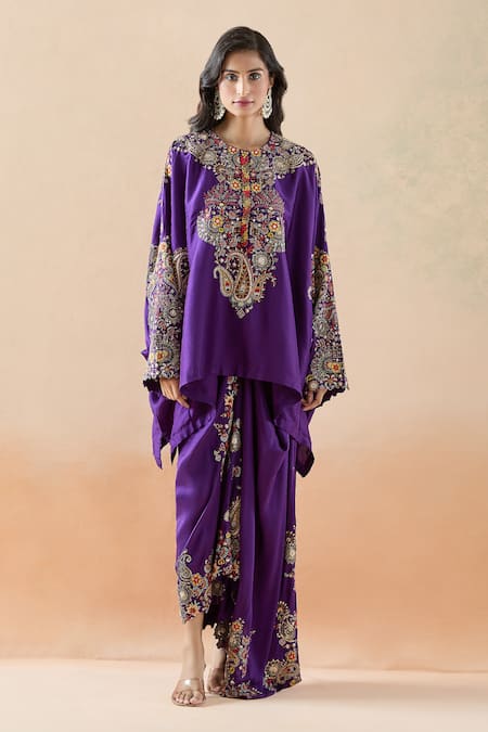 Anamika Khanna_Purple Embroidery Paisley Cape Tunic And Draped Skirt Set_at_Aza_Fashions