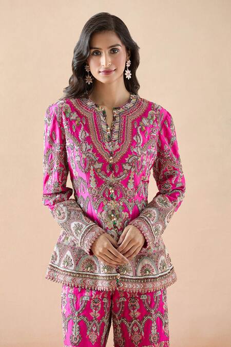 Anamika Khanna_Pink Cotton Embroidery Split V-neck Floral Peplum Jacket And Sharara Set_Online_at_Aza_Fashions
