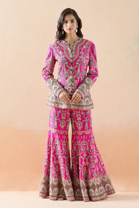 Buy_Anamika Khanna_Pink Cotton Embroidery Split V-neck Floral Peplum Jacket And Sharara Set_Online_at_Aza_Fashions