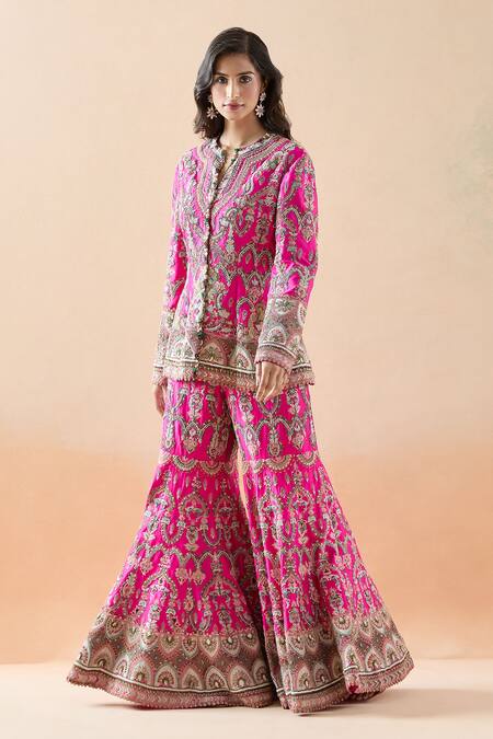 Shop_Anamika Khanna_Pink Cotton Embroidery Split V-neck Floral Peplum Jacket And Sharara Set_Online_at_Aza_Fashions
