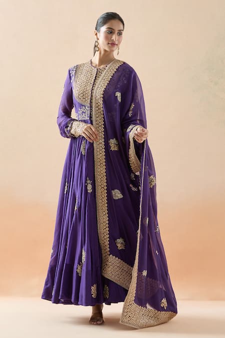 Anamika Khanna_Purple Chiffon Zari, Beads, Embroidery Round Neck Zardozi Anarkali Set _Online_at_Aza_Fashions