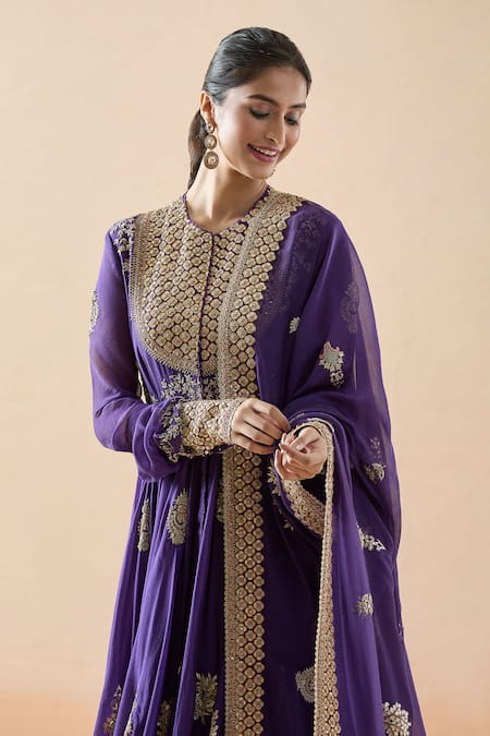 Buy_Anamika Khanna_Purple Chiffon Zari, Beads, Embroidery Round Neck Zardozi Anarkali Set _Online_at_Aza_Fashions