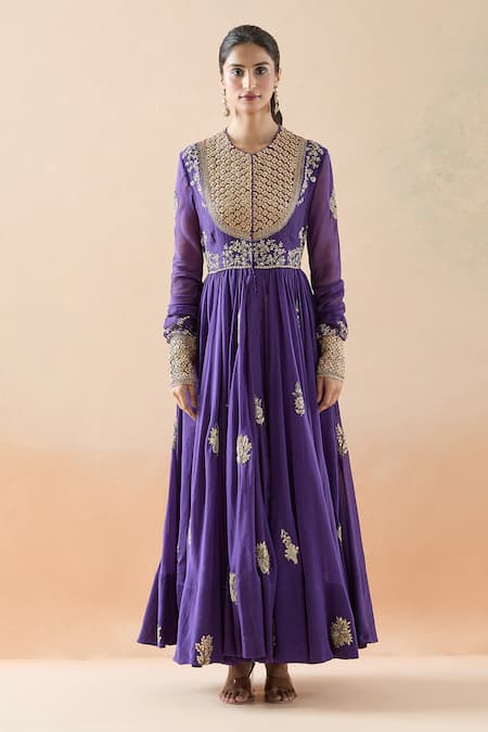 Anamika Khanna_Purple Chiffon Zari, Beads, Embroidery Round Neck Zardozi Anarkali Set _at_Aza_Fashions
