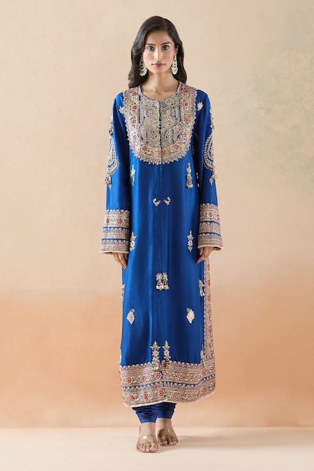 Anamika Khanna Blue Cotton Zari, Embroidery Round Neck Floral Kurta Set Online at Aza Fashions Anamika Khanna_Blue Cotton Zari, Embroidery Round Neck Floral Kurta Set_Online_at_Aza_Fashions
