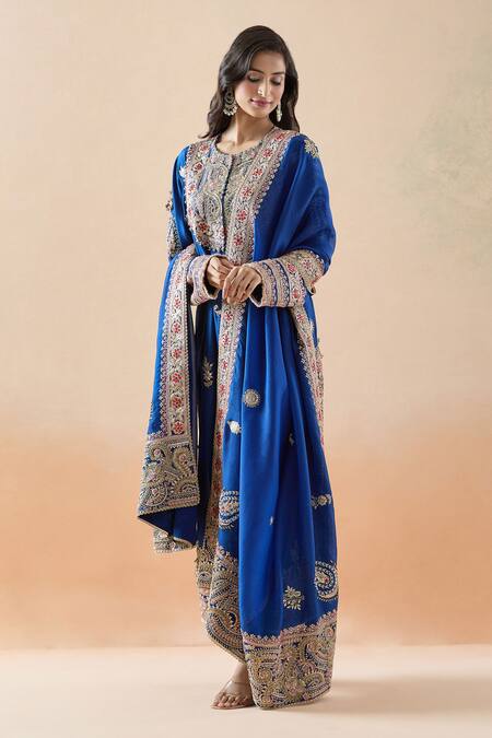 Shop Anamika Khanna Blue Cotton Zari, Embroidery Round Neck Floral Kurta Set Online at Aza Fashions Shop_Anamika Khanna_Blue Cotton Zari, Embroidery Round Neck Floral Kurta Set_Online_at_Aza_Fashions
